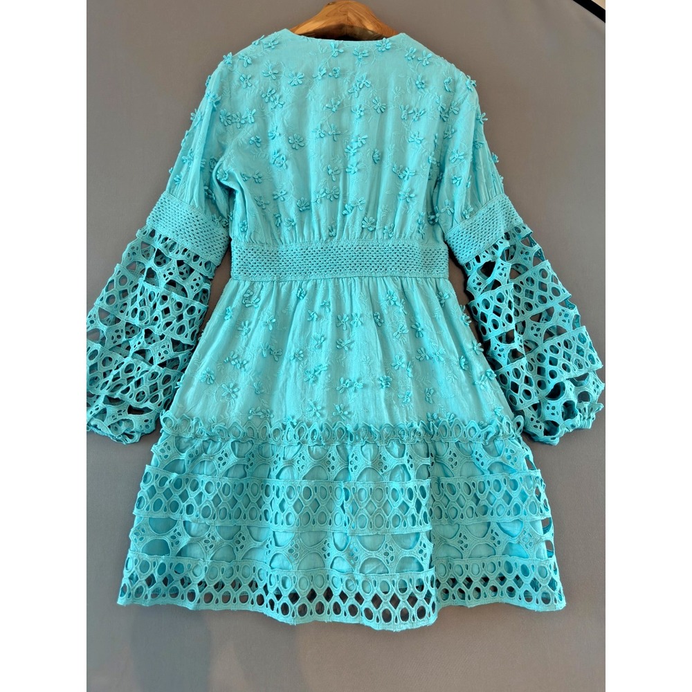 Boston Proper Embroidered Crochet Babydoll Dress XS Blue Boho Bishop Sleeve - Picture 2 of 12